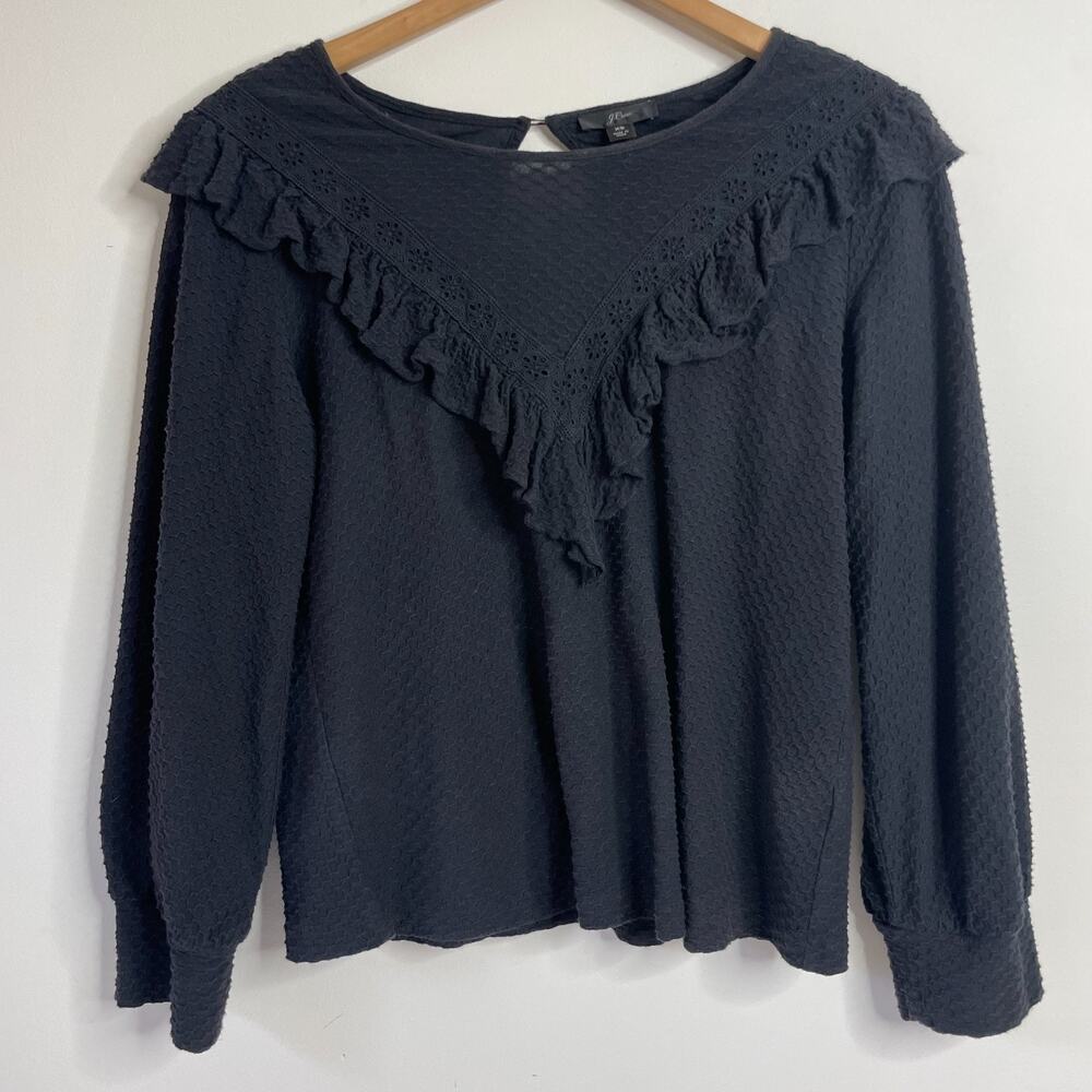 JCrew Ruffle Yoke Top Womens XS‎ Lace Trim Dark Boho Cottagecore Romantic
